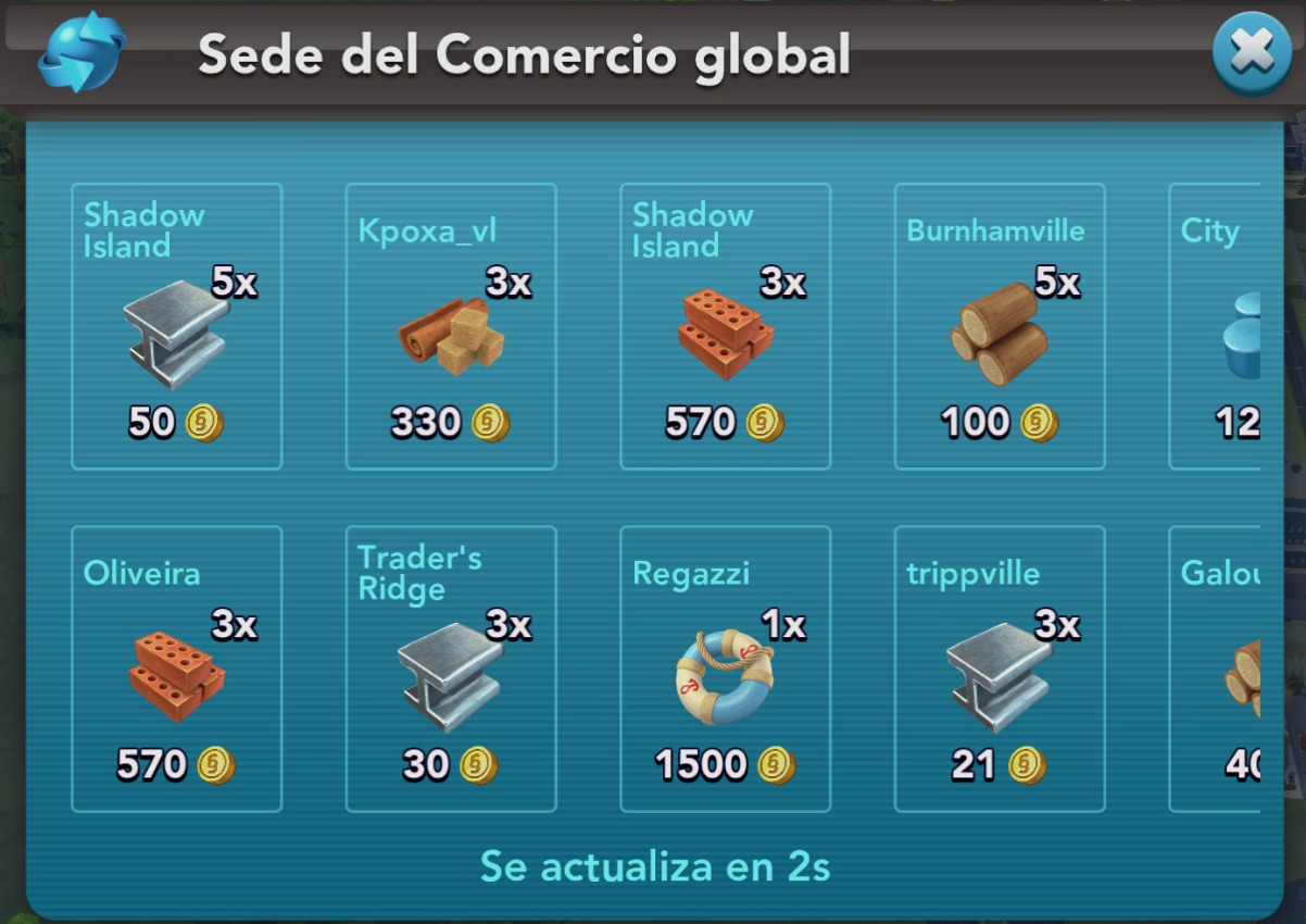 Productos en Sede del Comercio Global de Simcity BuildIt